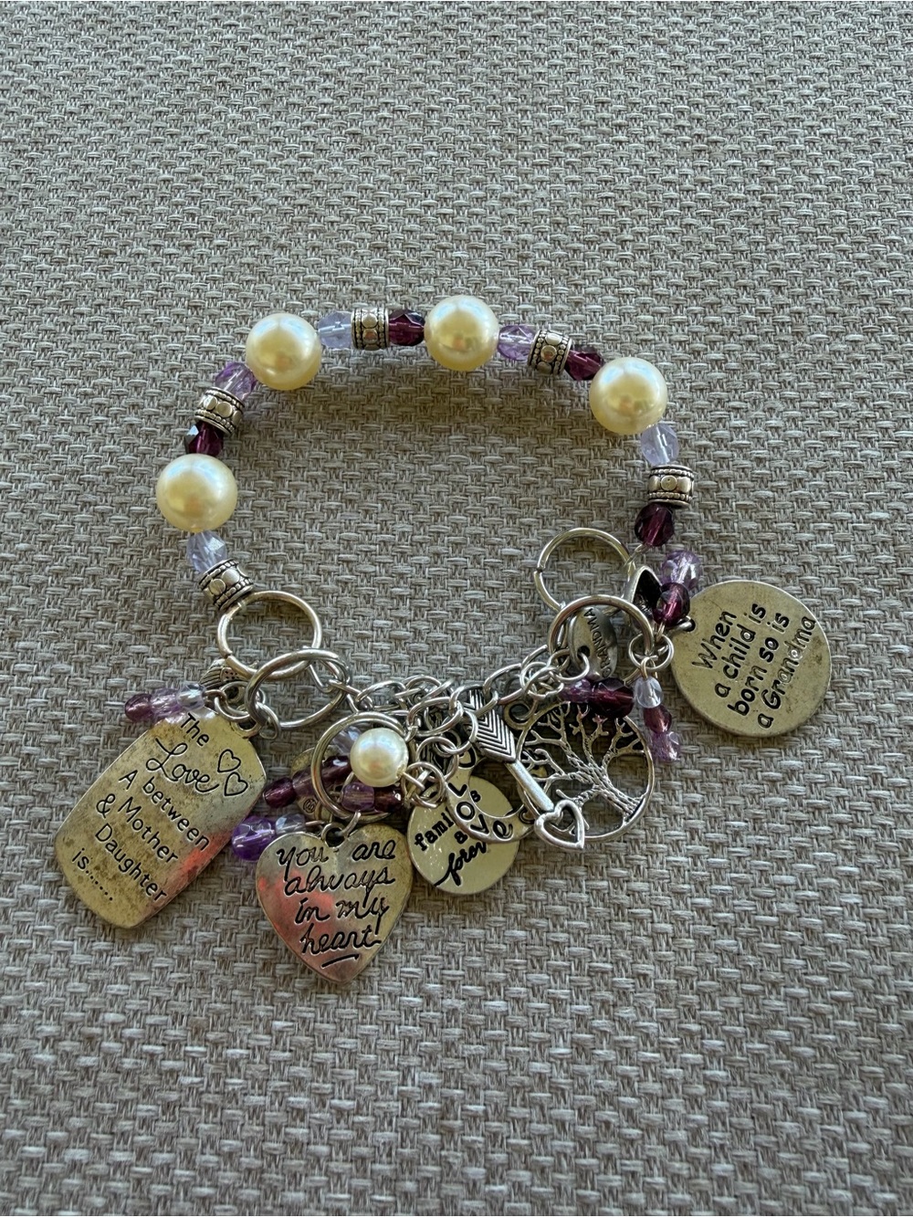 Pearl and Purple Bead Charm Bracelet with Inspirational Word Charms